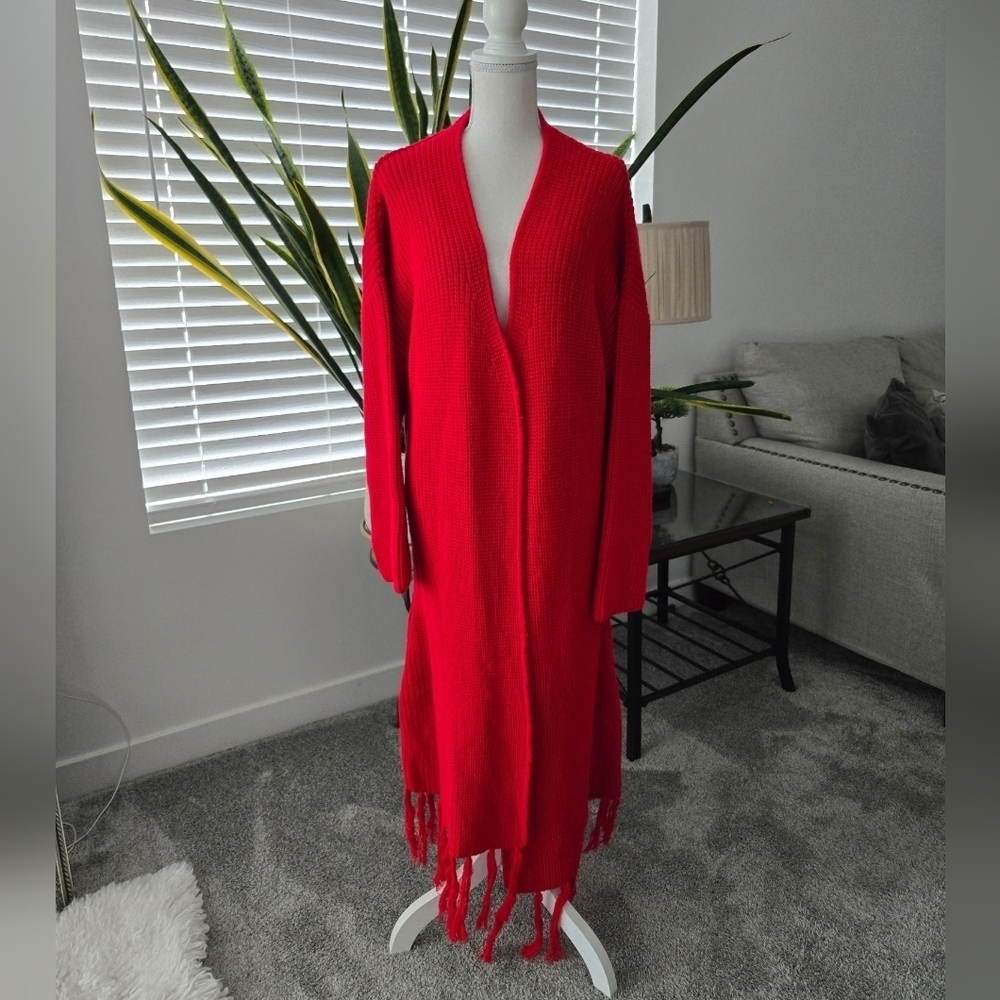 K. Jordan Sweater Knit Red Fringe Long Cardigan Duster. Size Large. New without